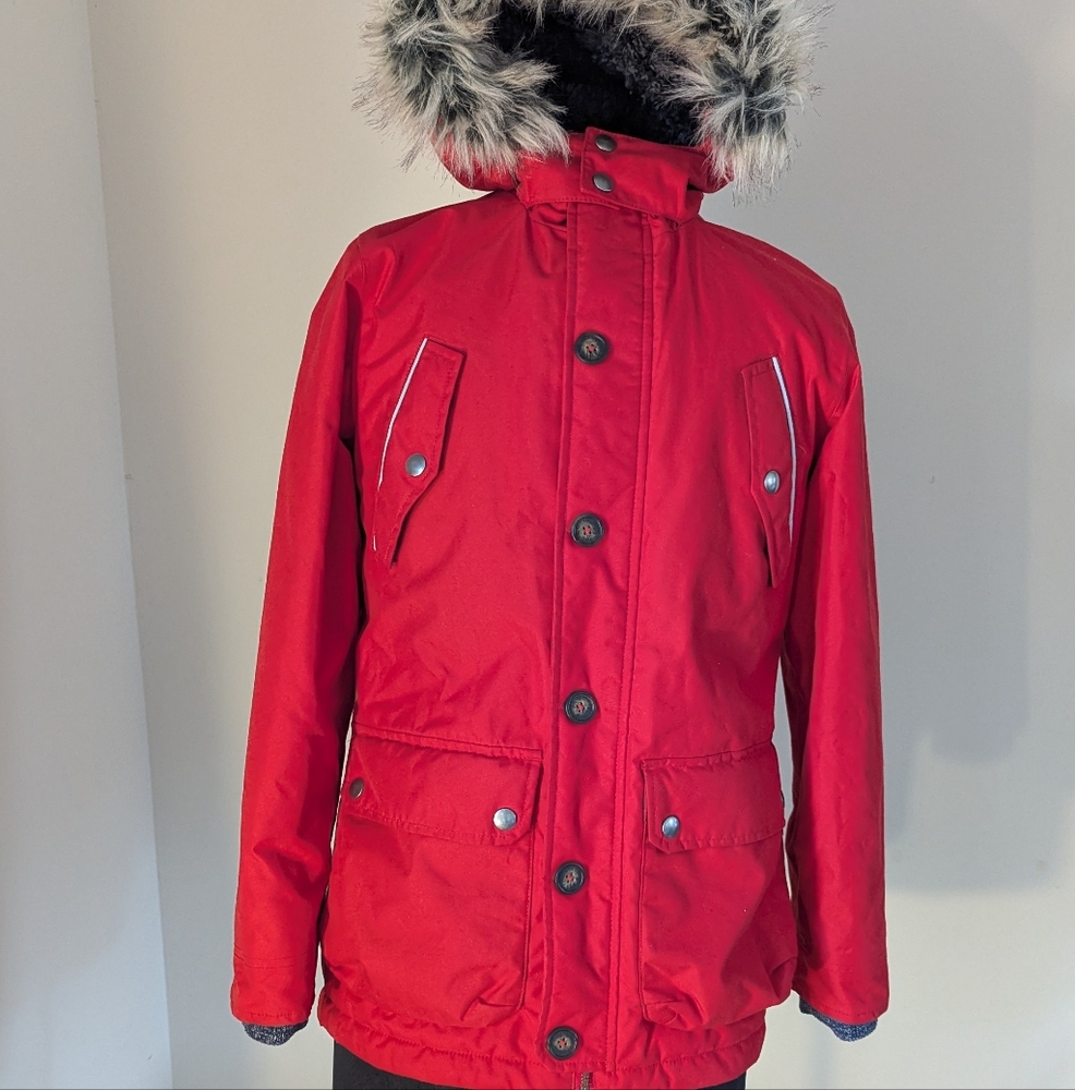 Boden Boys Waterproof Red Winter Parka Coat with Faux Fur Trim